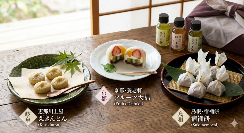 マツコ紹介のお取り寄せ和スイーツまとめ(恵那川上屋の栗きんとん、京都養老軒のフルーツ大福、島根宿禰餅本舗大國の宿禰餅)